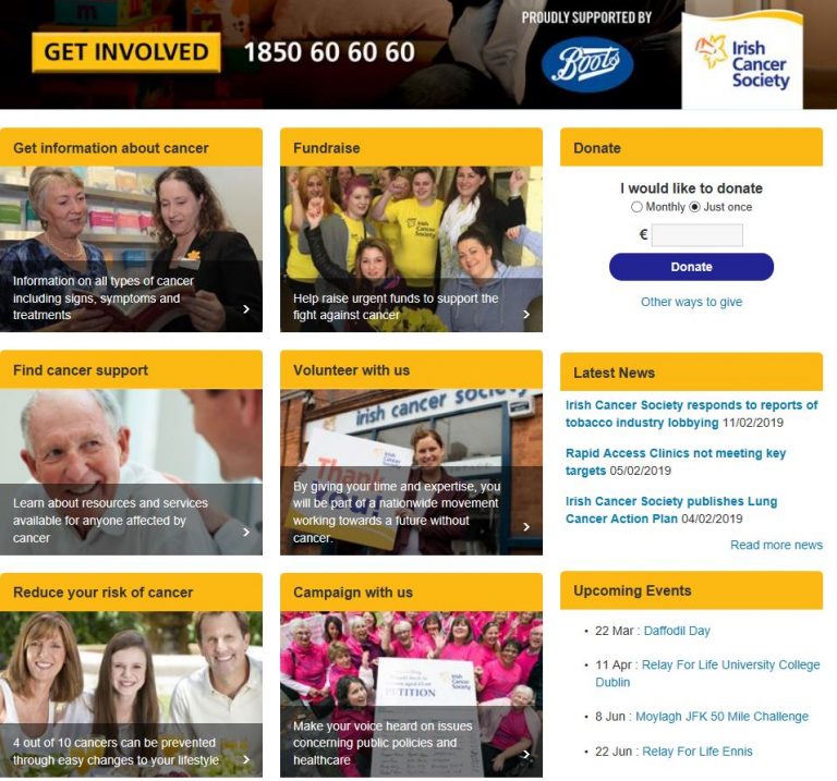 printscreen of website Irish Cancer Society