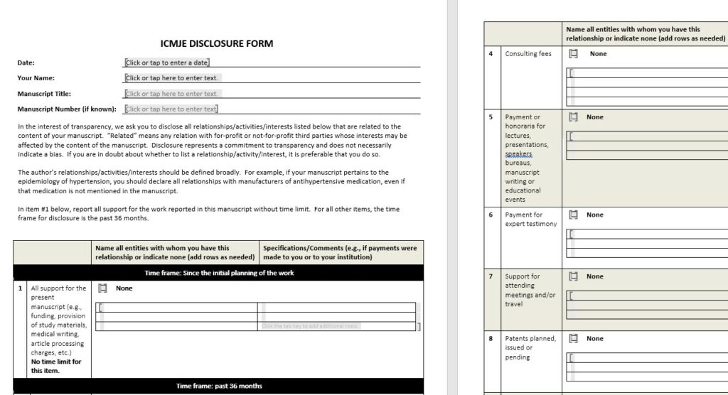 ICMJE Conflict of Interest disclosure