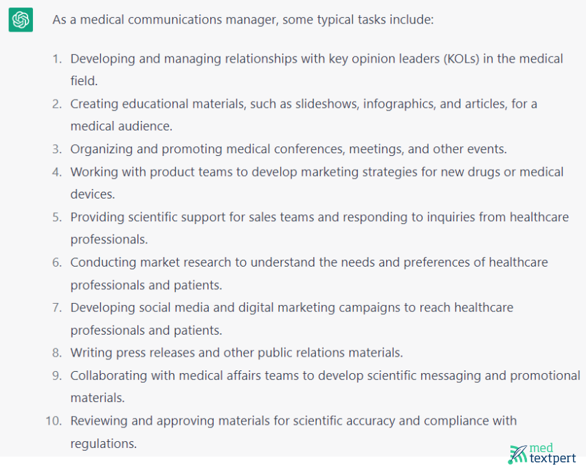 List of tasks of a medcomms professional generated by ChatGPT